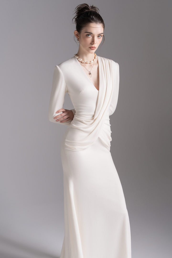Draped V-neck long-sleeve gown – LAVENYA