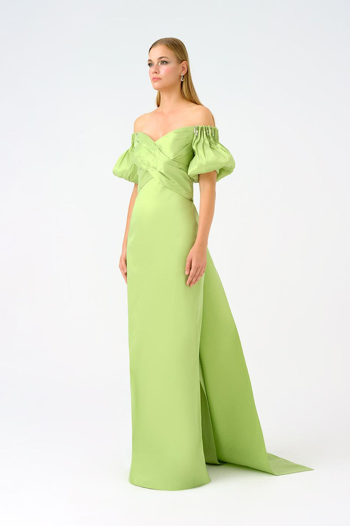 off-shoulder satin gown with puff sleeves – AURELIA