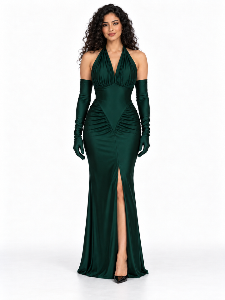 Halter Satin Gown with Draped Gloves and Front Slit - Ardelle