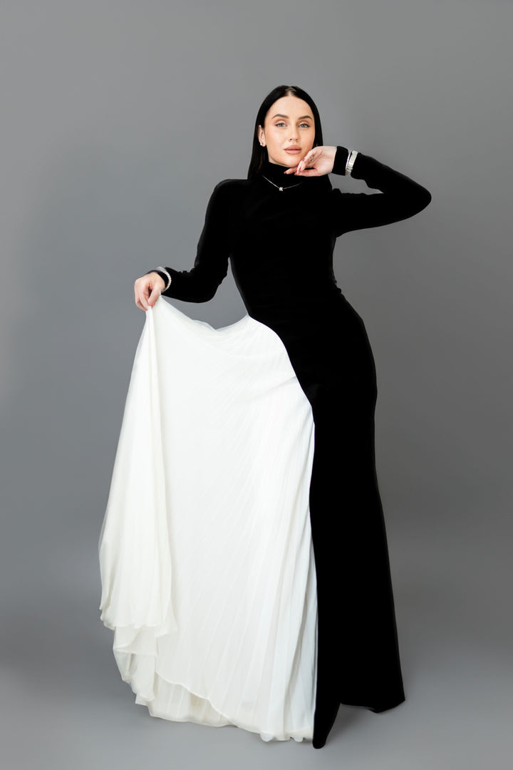 high-neck long-sleeve gown with pleated side panel – FUCHSIA