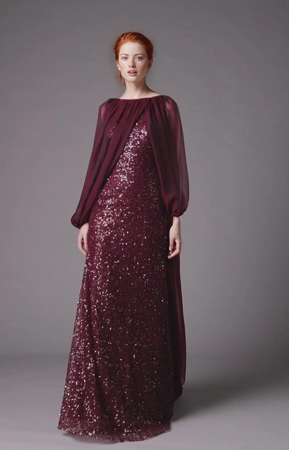 Sequined gown with chiffon cape overlay – Norin –