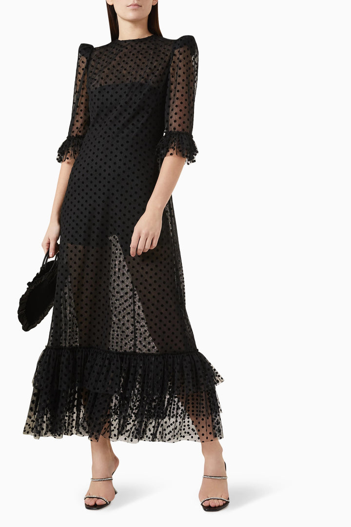 sheer polka-dot midi dress with ruffled hem – VIVIENNE