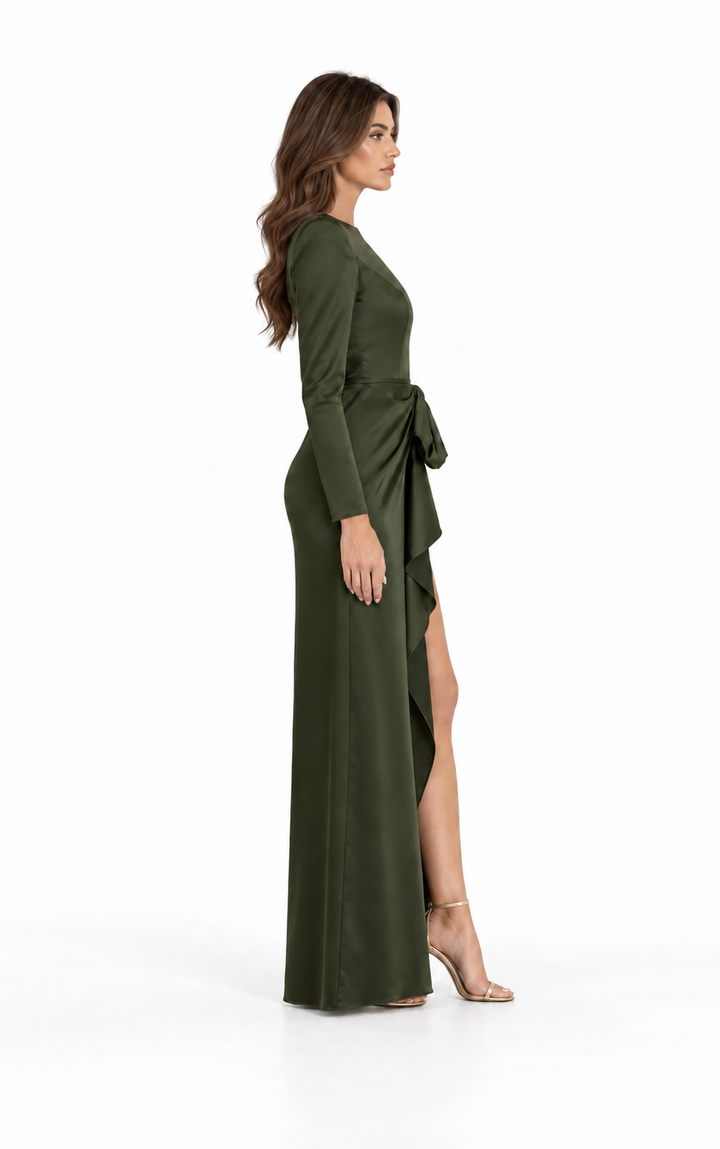 Satin Draped Bow Gown - Olive