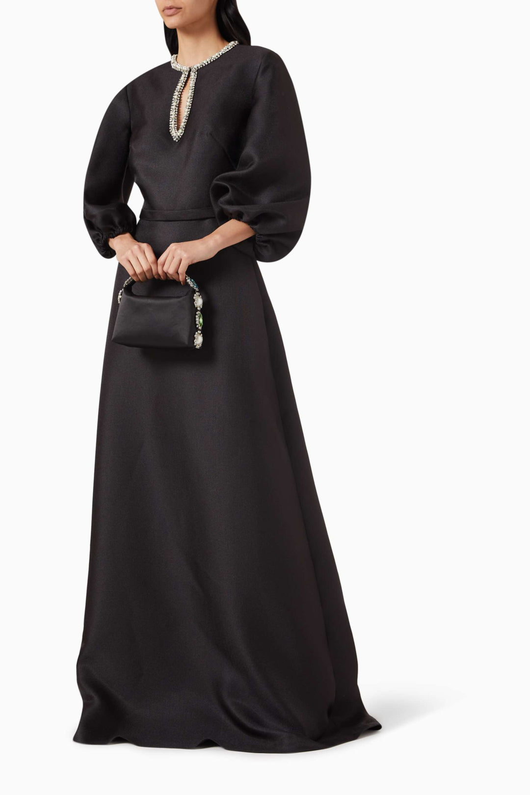 satin gown with embellished neckline and puff sleeves – DARIANA