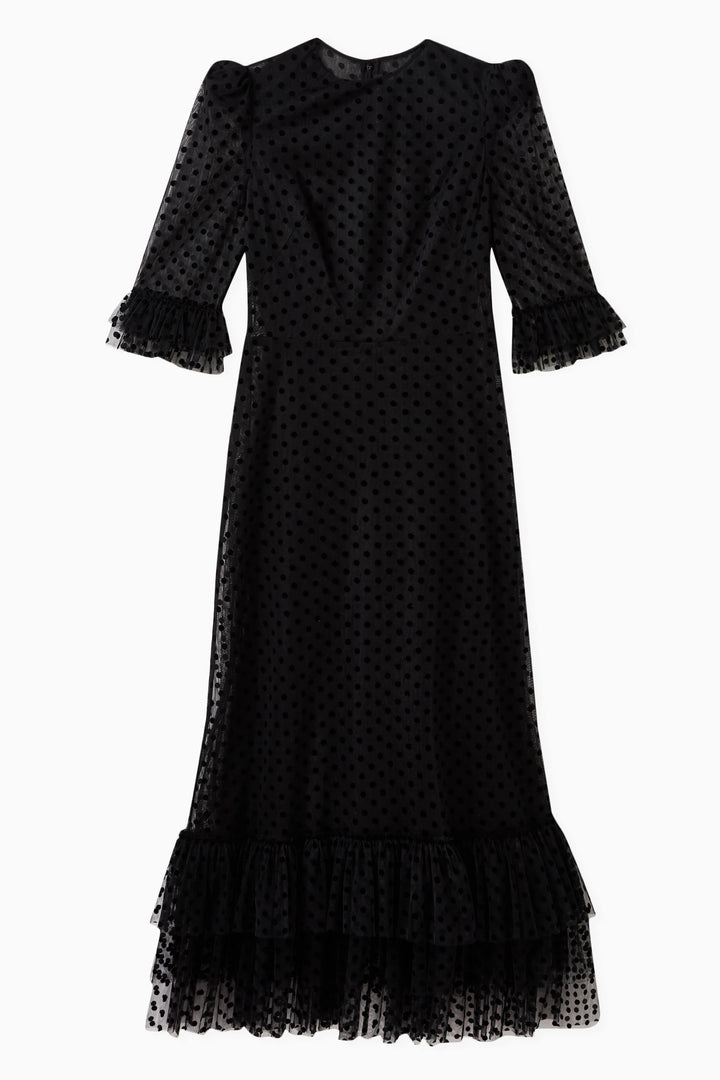 sheer polka-dot midi dress with ruffled hem – VIVIENNE