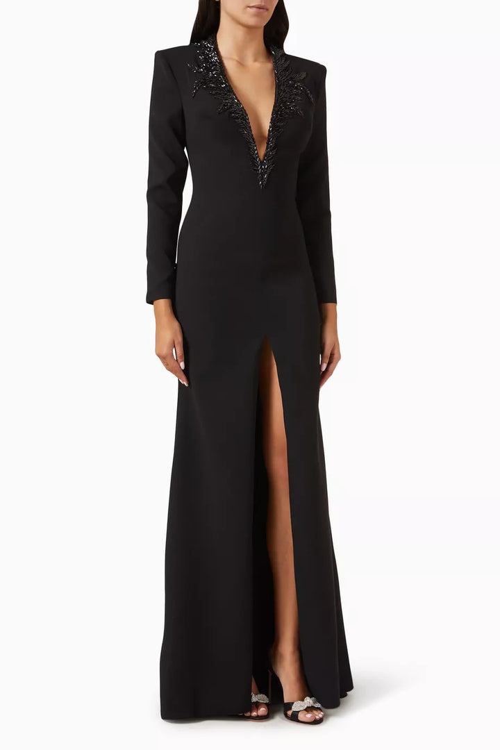 embellished deep-V slit gown – NOIRE