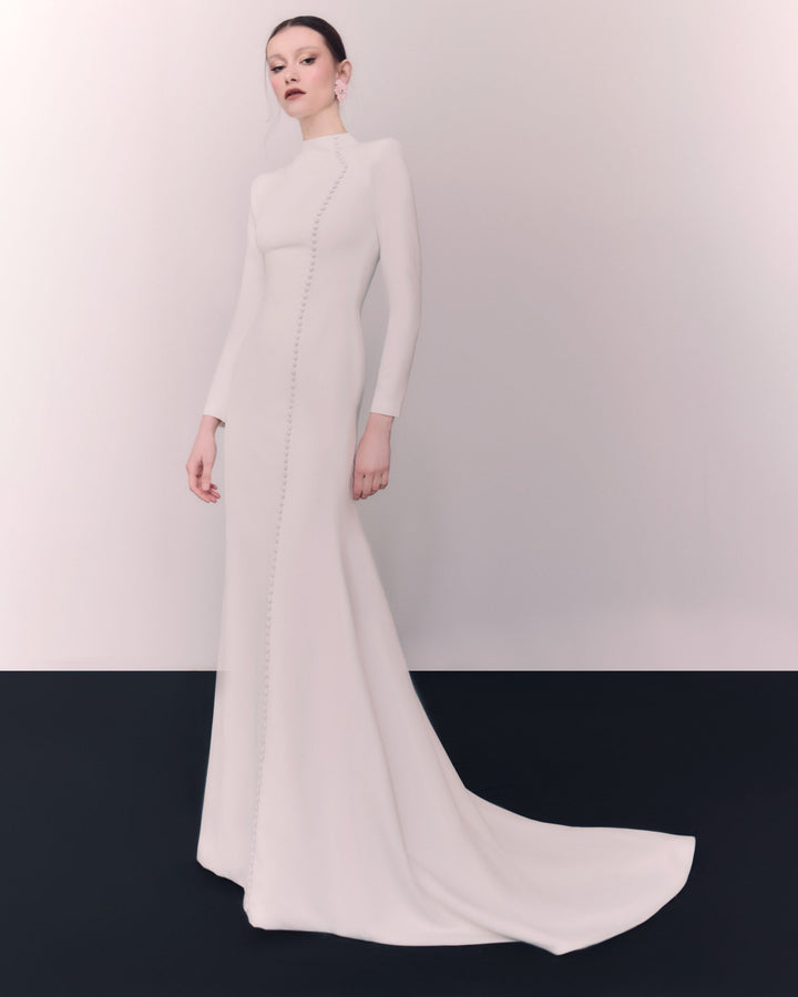 long-sleeve crepe gown with asymmetrical button line – ELIORA