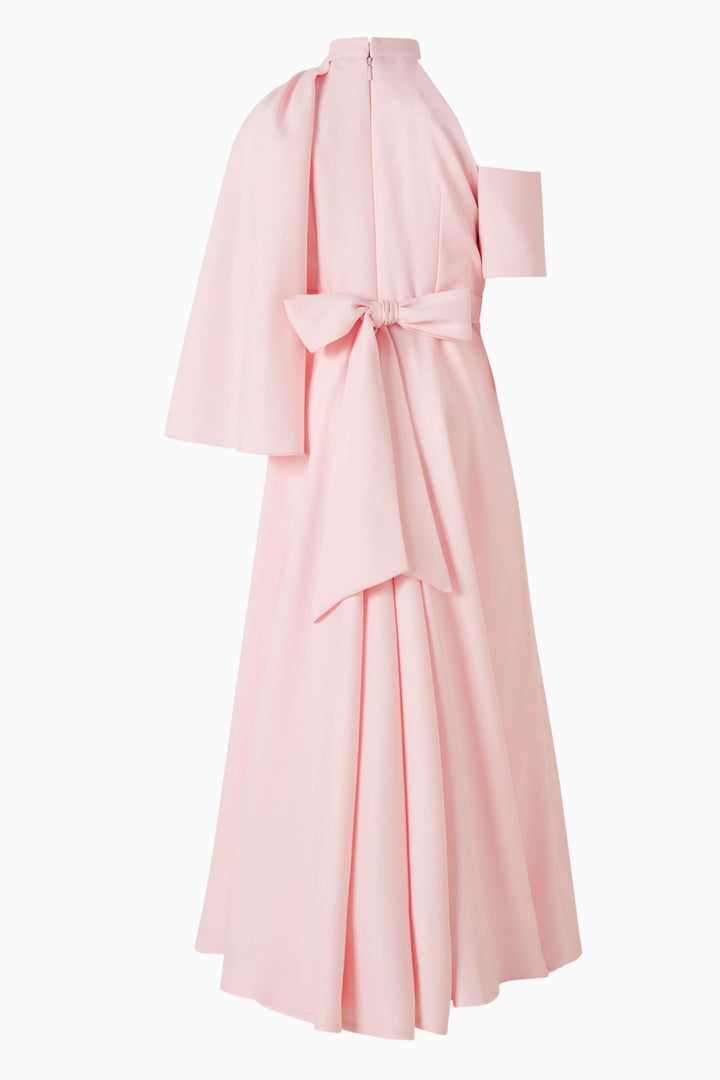 Blush High-Neck Dress with Floral Appliqué Cape Sleeve – SERENA