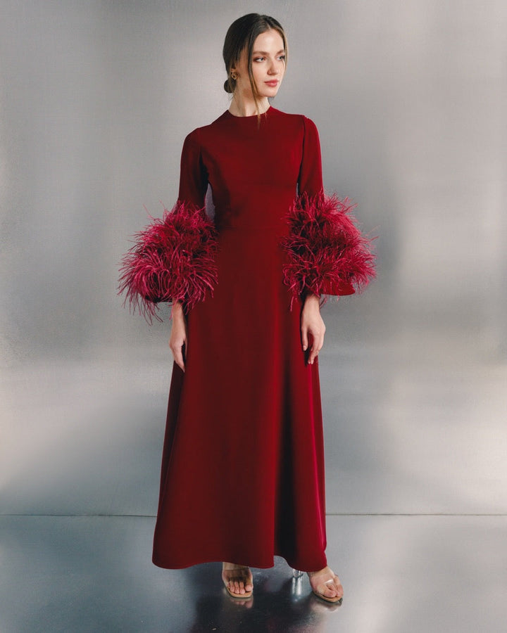 long-sleeve evening gown with feather cuffs – SCARLETT