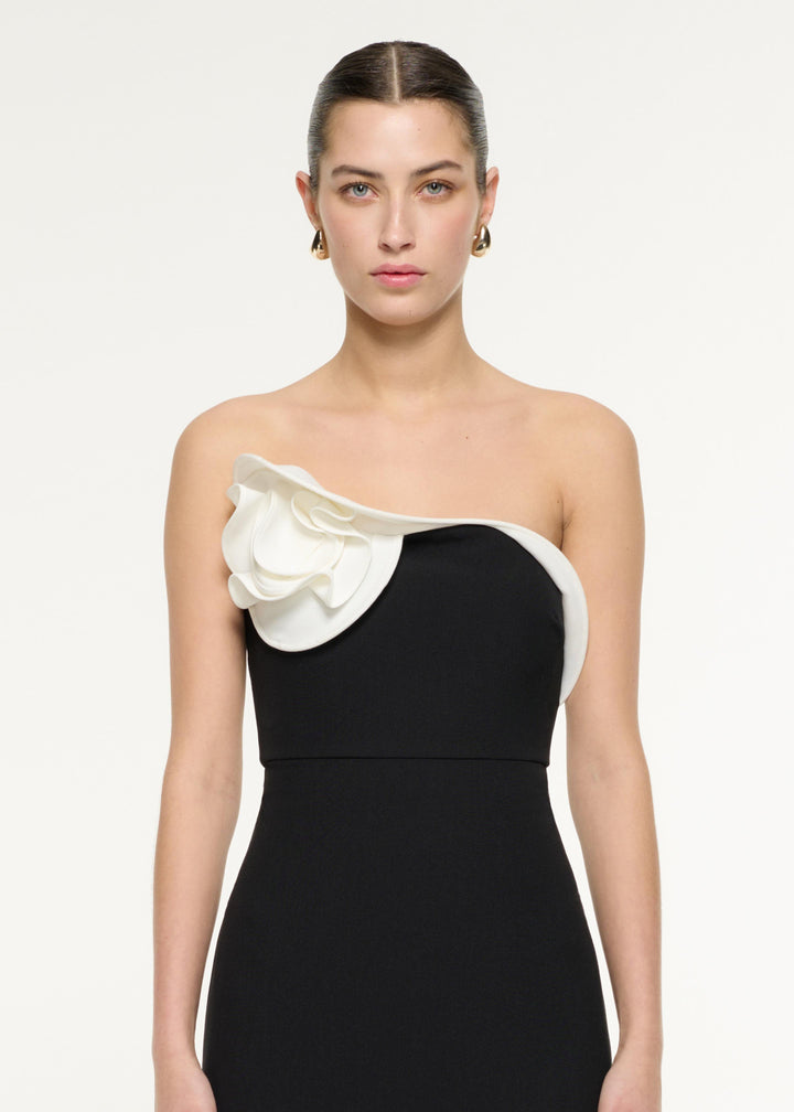 one-shoulder midi dress with sculpted rosette – ROSABELLE