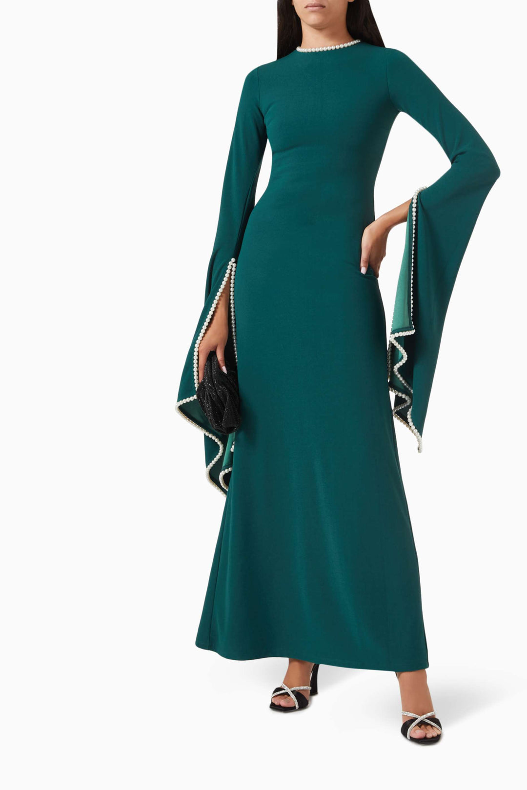 long-sleeve gown with pearl-trimmed flared cuffs – OPHELIA