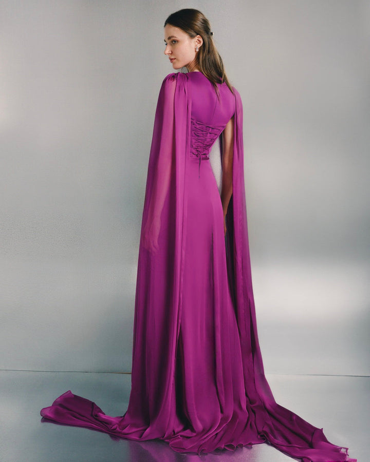 pleated chiffon cape evening gown with defined waist – VIOLETTA