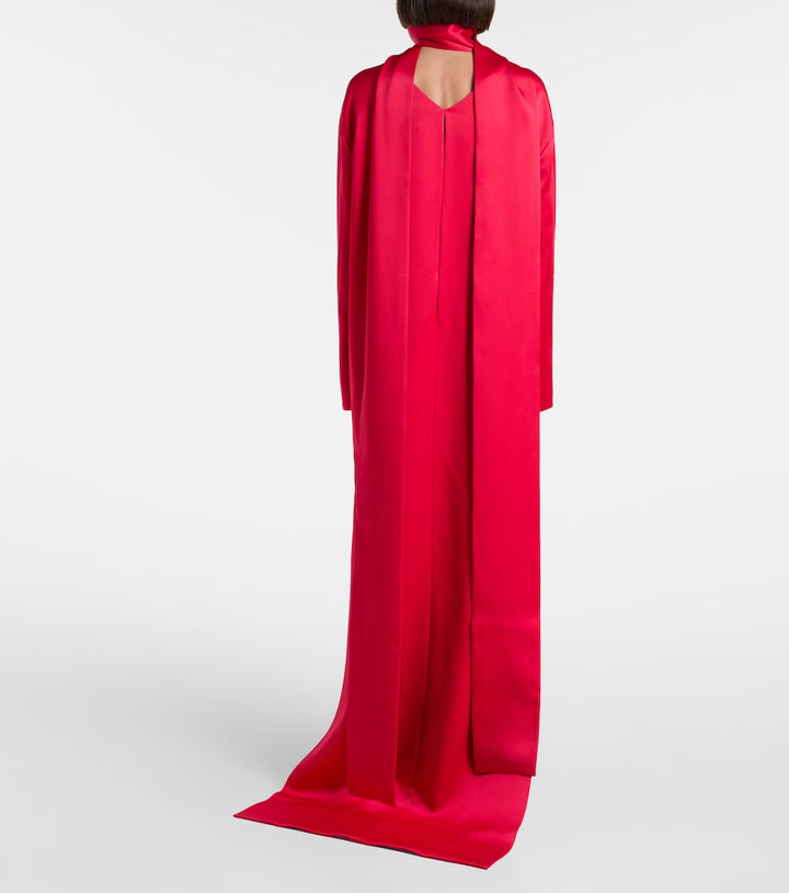 High-neck satin mini dress with dramatic back train – RUBY