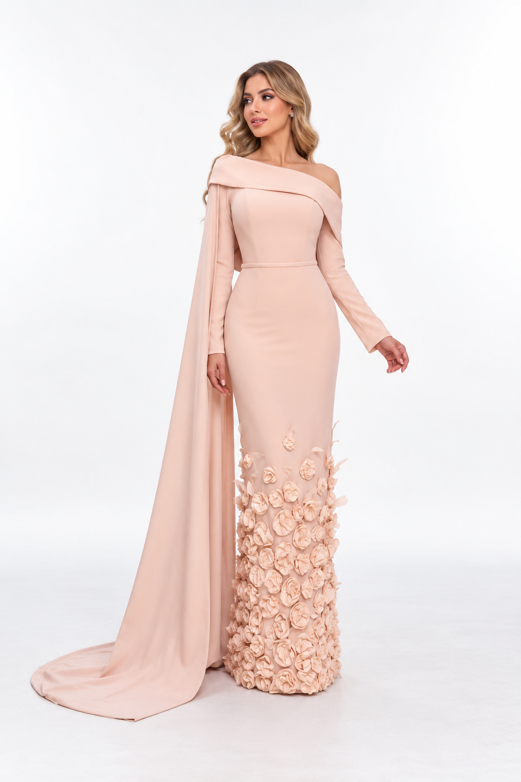 Floral Appliqué One-Shoulder Cape Evening Gown - Blossom