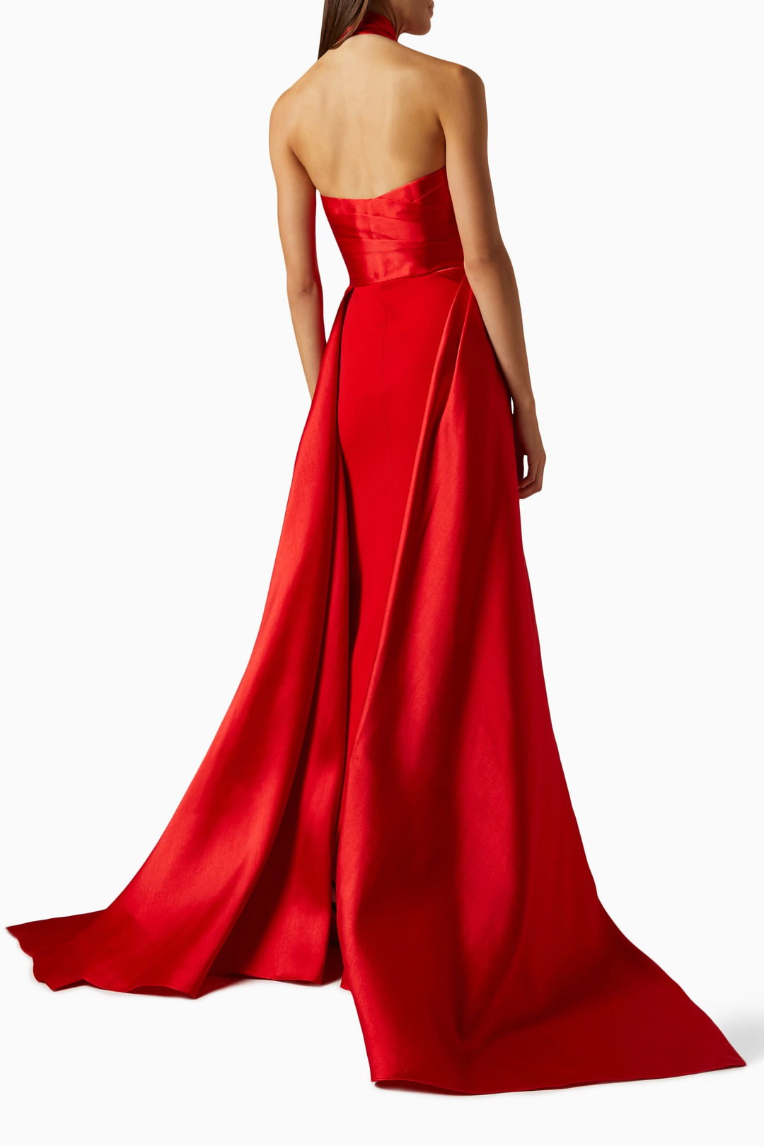 halter-neck satin gown with draped overlay – SCARLET