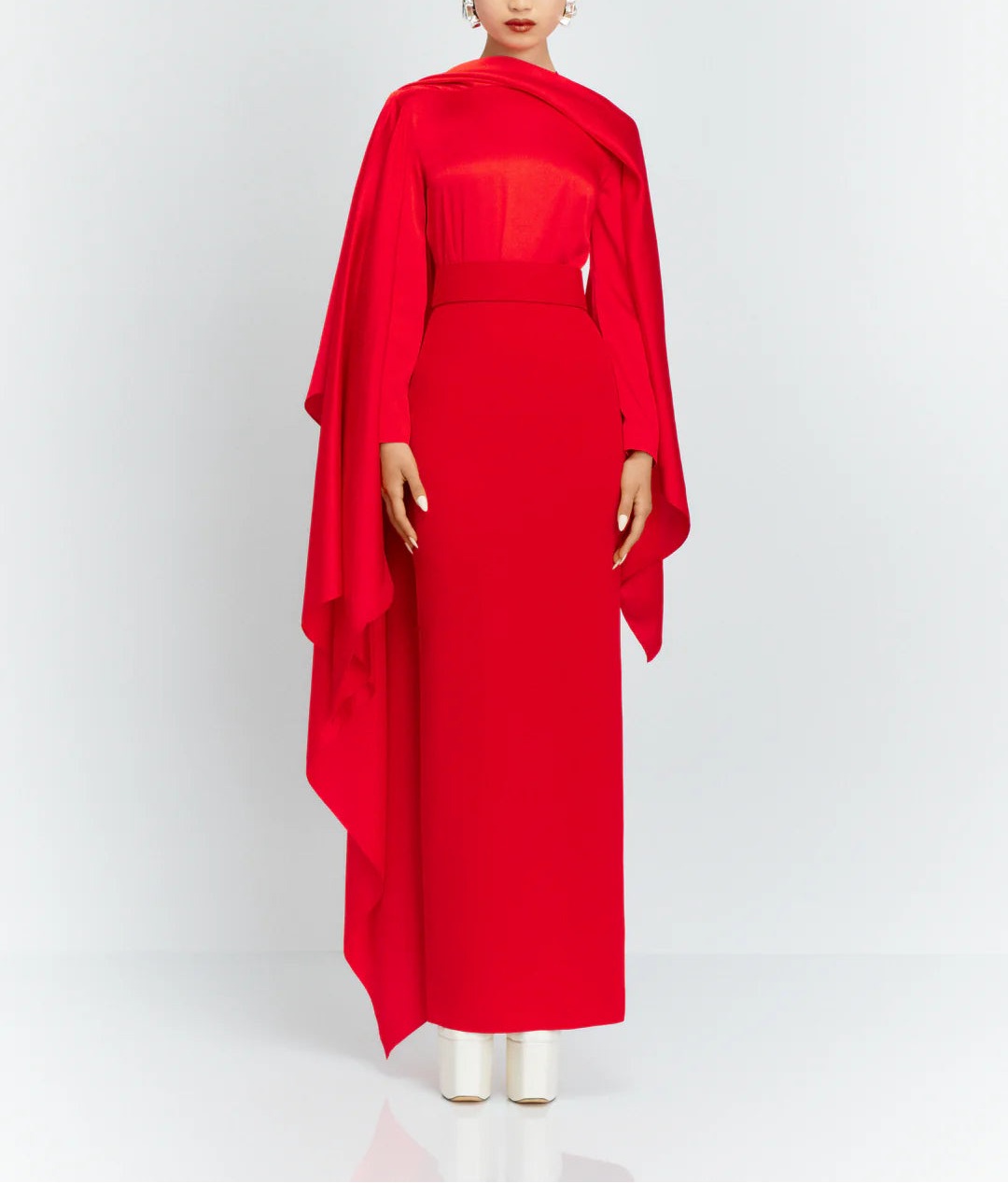 draped satin panel gown with long cape overlay – ROSALIA