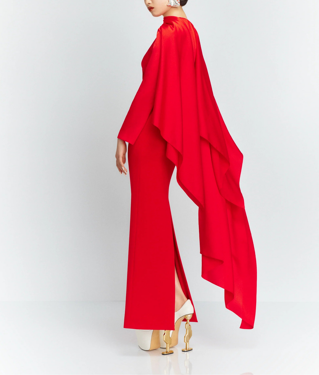 draped satin panel gown with long cape overlay – ROSALIA