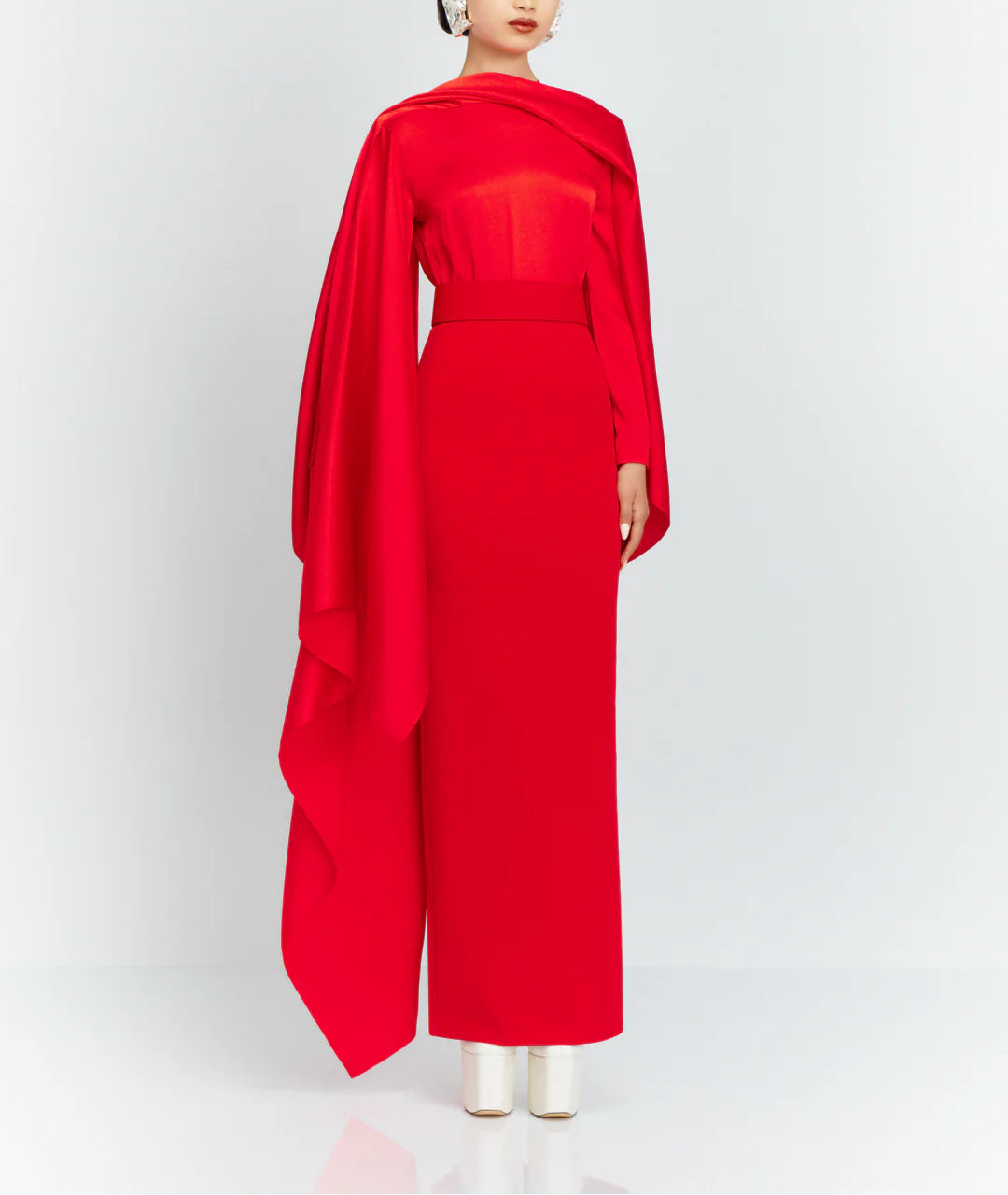 draped satin panel gown with long cape overlay – ROSALIA