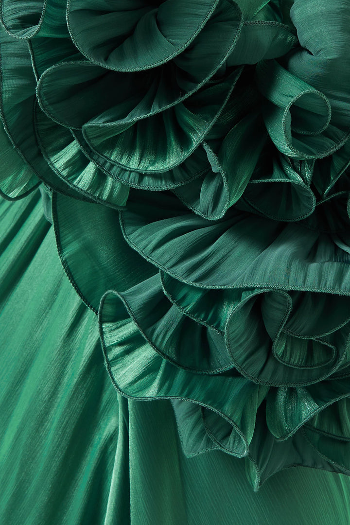 ruched satin gown with ruffled sleeves – EMERALD