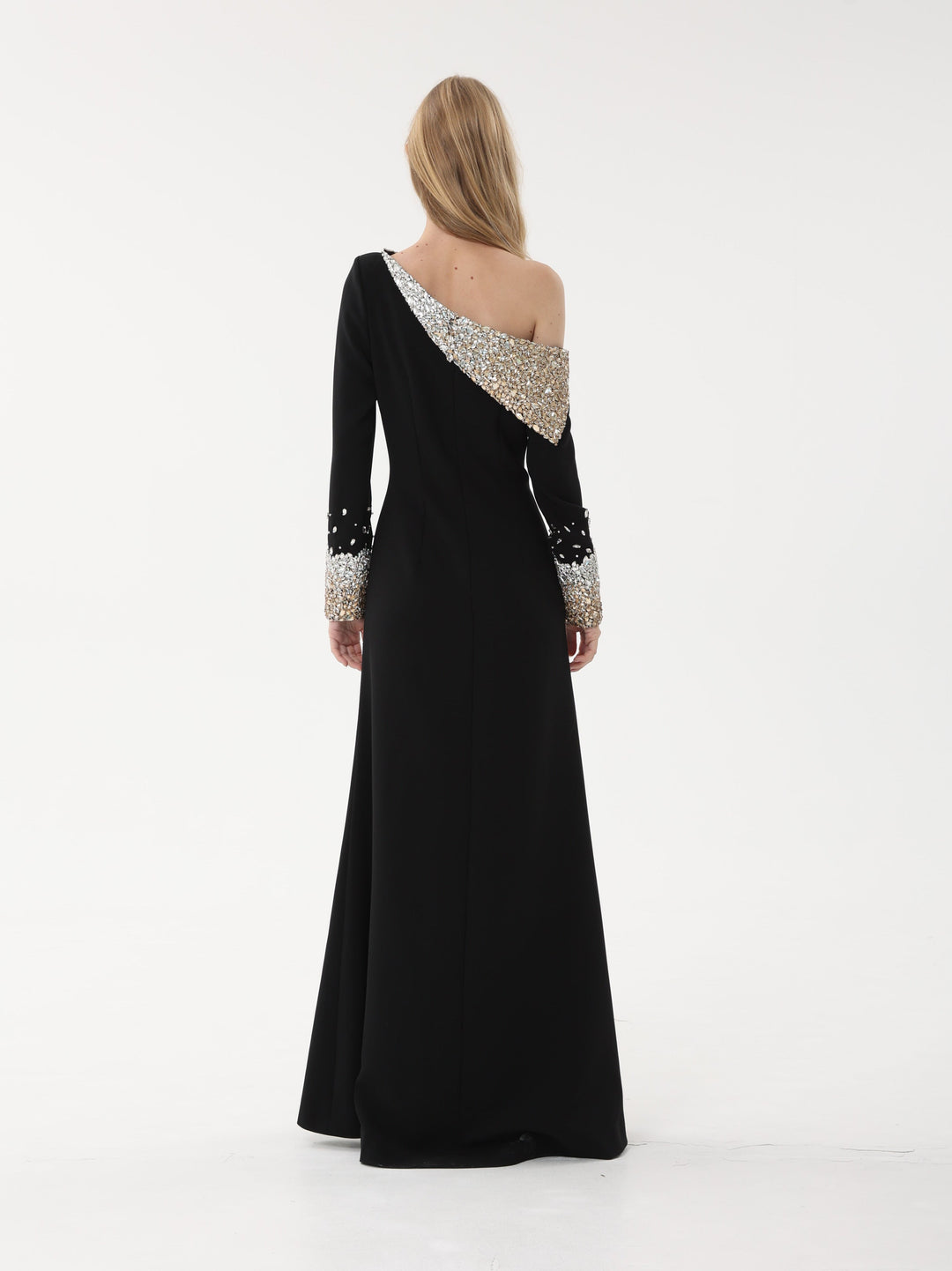 one-shoulder gown with crystal embellished cape sleeve – AURORA