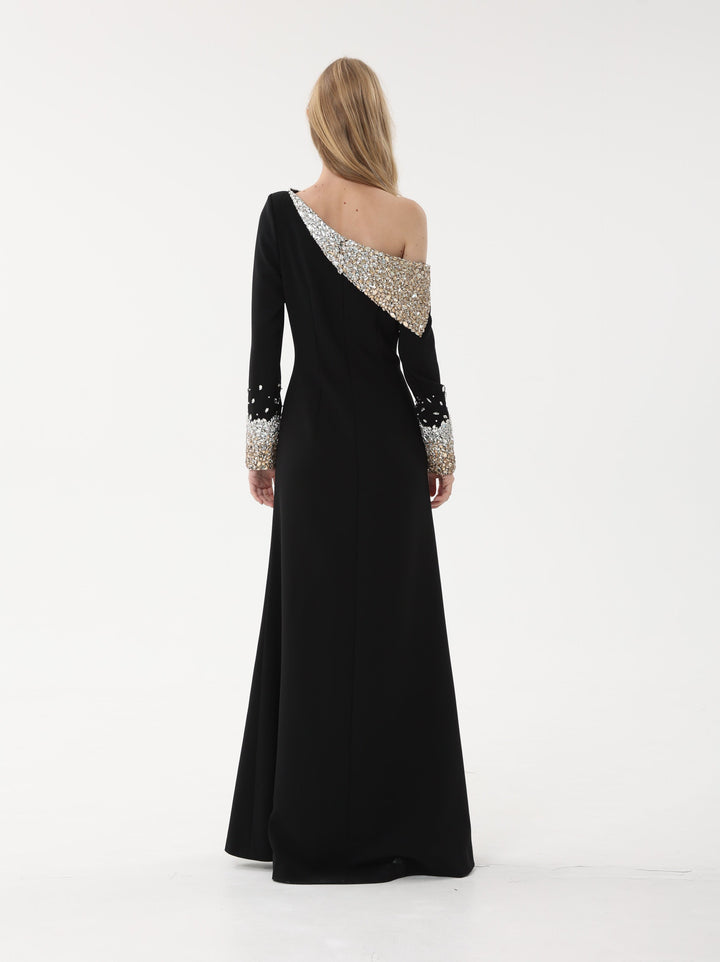 one-shoulder gown with crystal embellished cape sleeve – AURORA