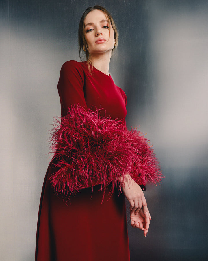 long-sleeve evening gown with feather cuffs – SCARLETT