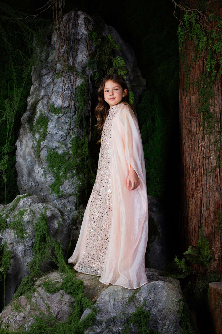 فستان ماكسي عمودي مزين بالترتر مع طبقة شفافة من الكاب - لون وردي فاتح