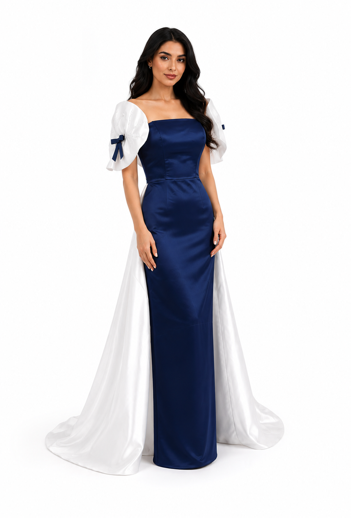 Strapless satin gown with voluminous sleeves and overskirt – AUROMA