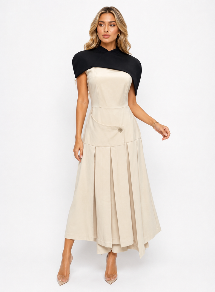 Contrast Cape Pleated Midi Dress - Ivory