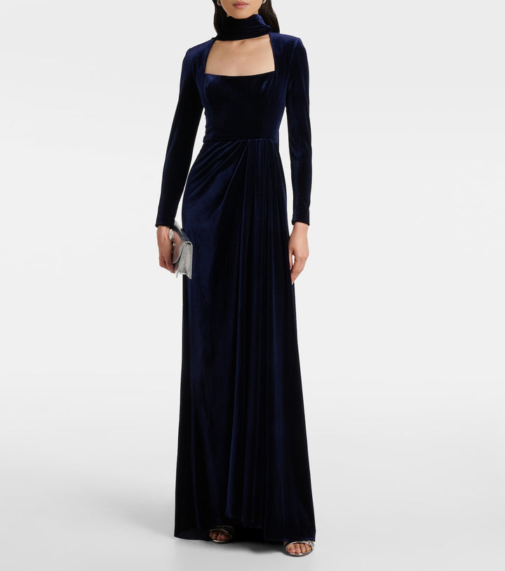 Long-sleeve velvet gown with square neckline and draped waist – NOCTURNE
