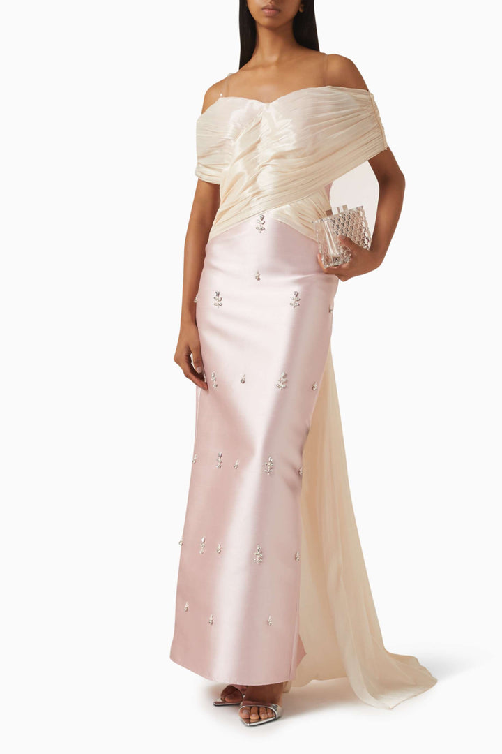 off-shoulder satin gown with embellished skirt – ROSALINE