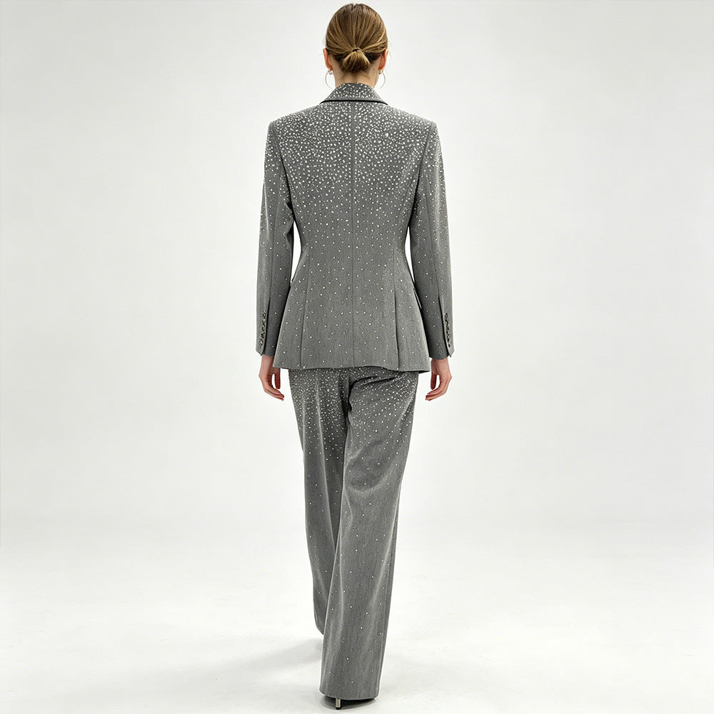 Rhinestone Tailored Blazer & Wide-Leg Pants Set - Silver