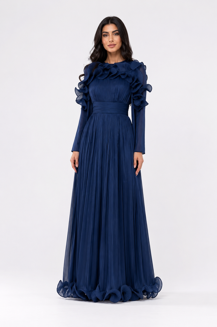 Ruffled Pleated Chiffon Maxi Dress - Midnight