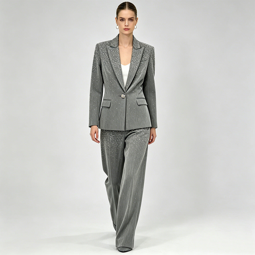 Rhinestone Tailored Blazer & Wide-Leg Pants Set - Silver