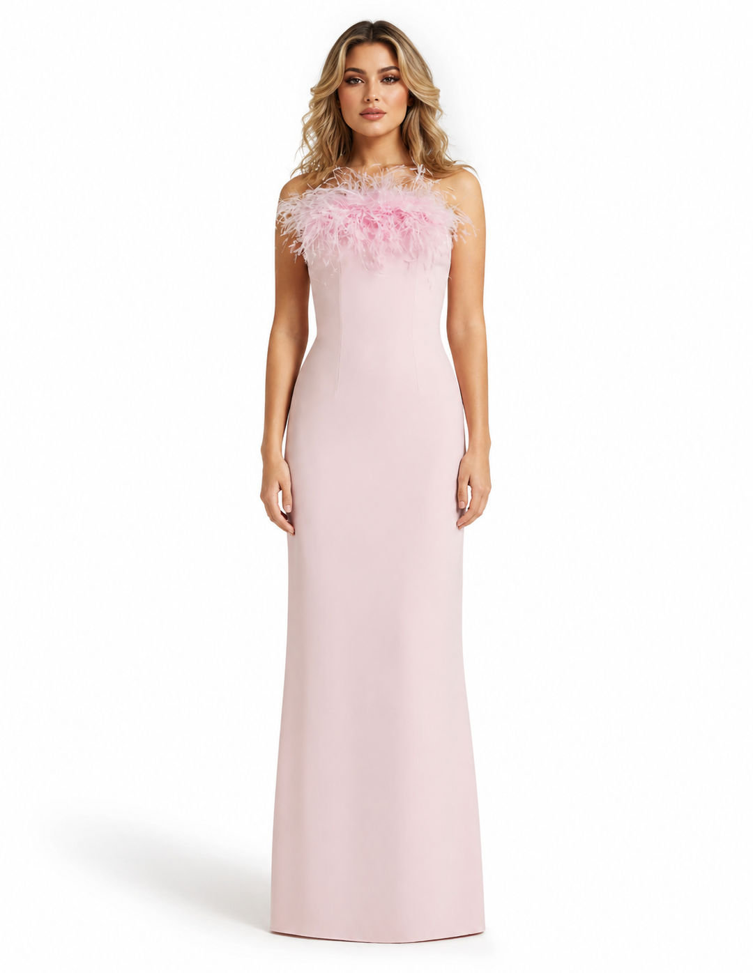 Blush Feather Trim Strapless Evening Gown - Feather