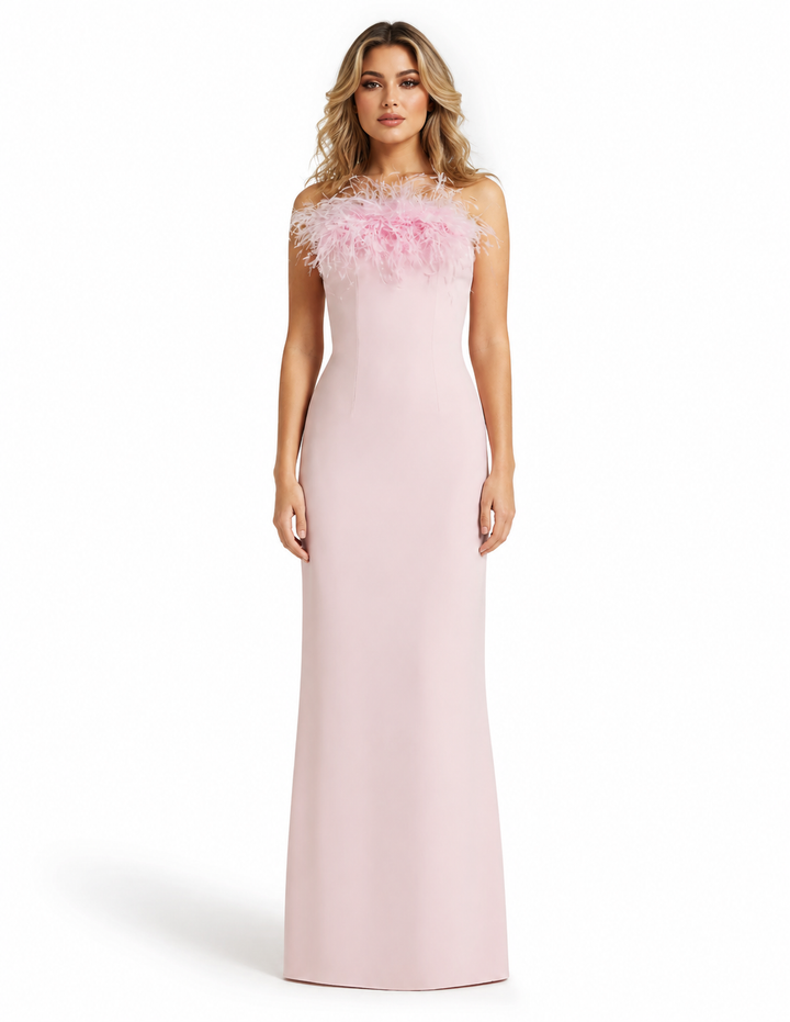 Blush Feather Trim Strapless Evening Gown - Feather