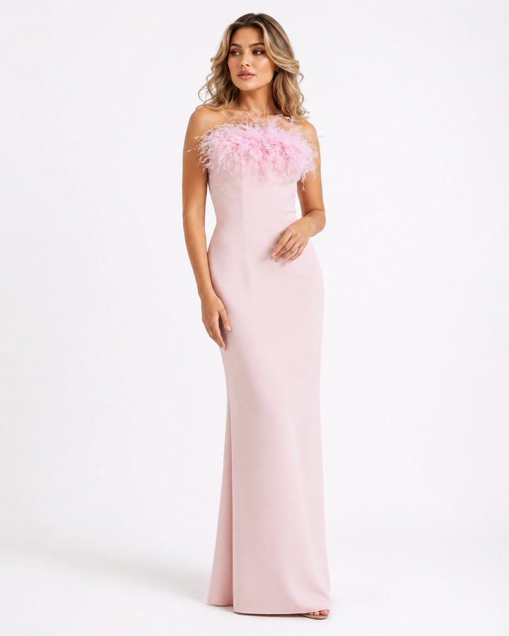 Blush Feather Trim Strapless Evening Gown - Feather