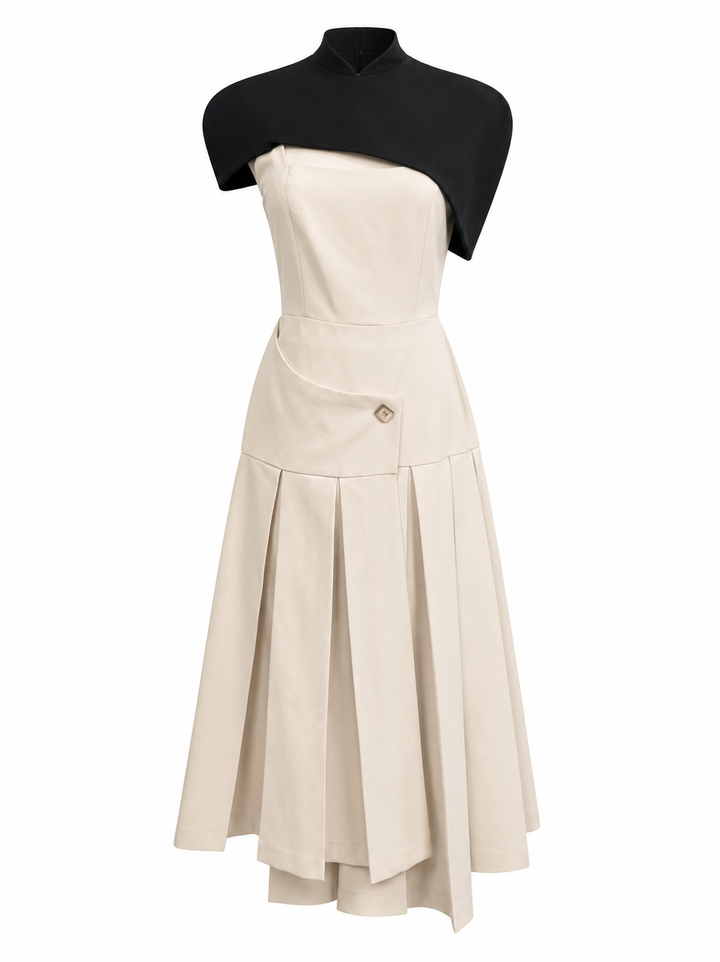 Contrast Cape Pleated Midi Dress - Ivory