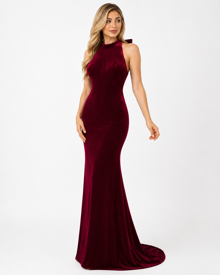 Burgundy Velvet Halter Gown – Merlot