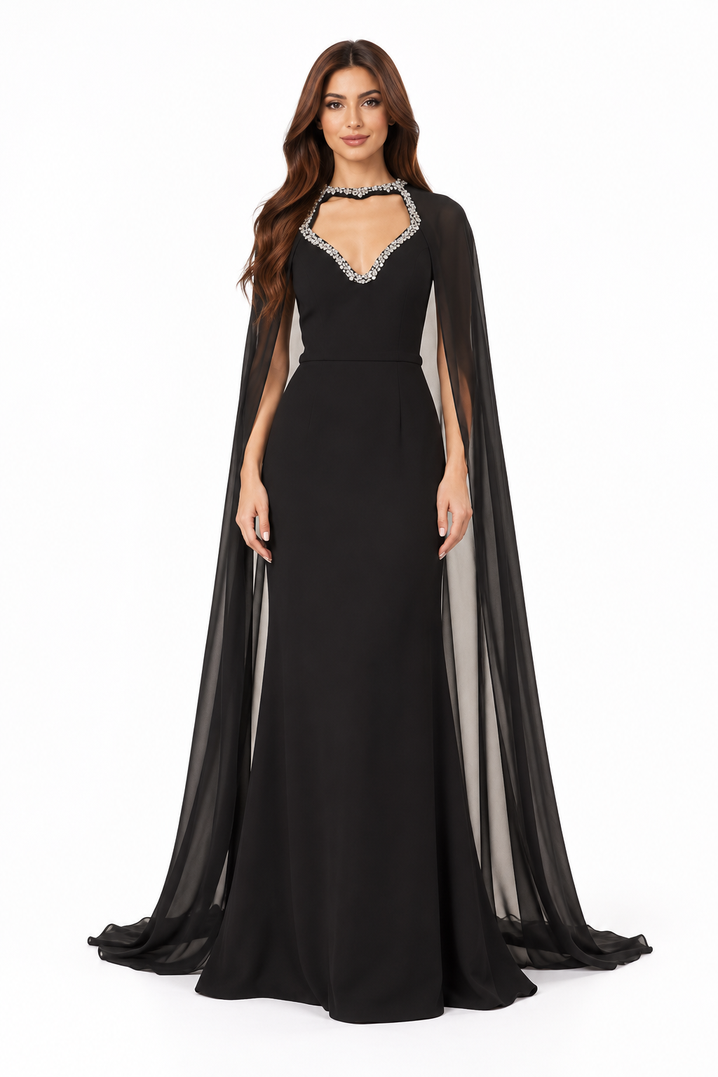 Crystal Neckline Cape Sleeve Evening Gown - Majesty