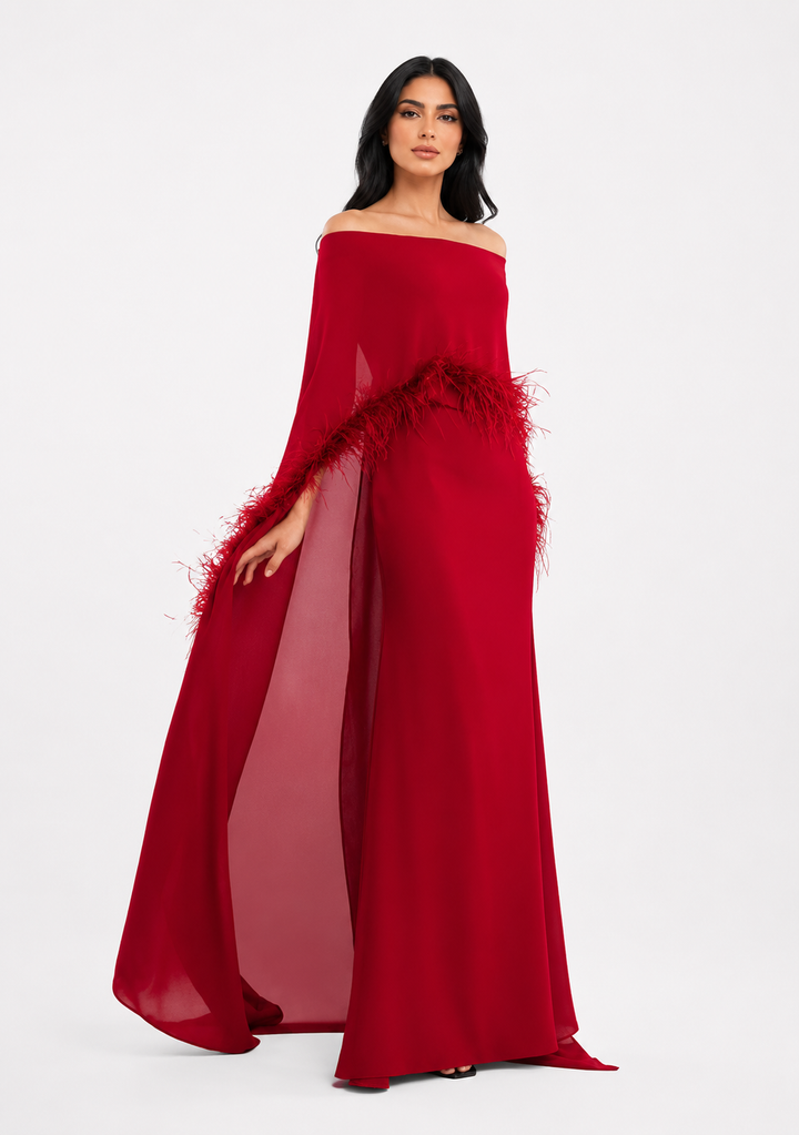 Feather-Trimmed Cape Gown - Crimson