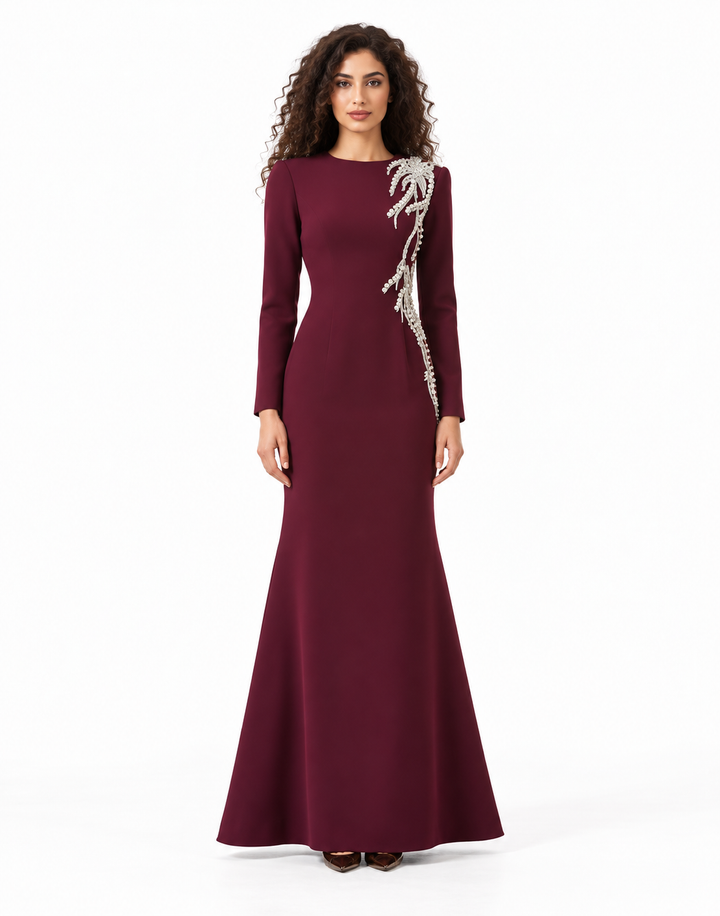 Burgundy Crystal Embellished Maxi Dress - Aurora
