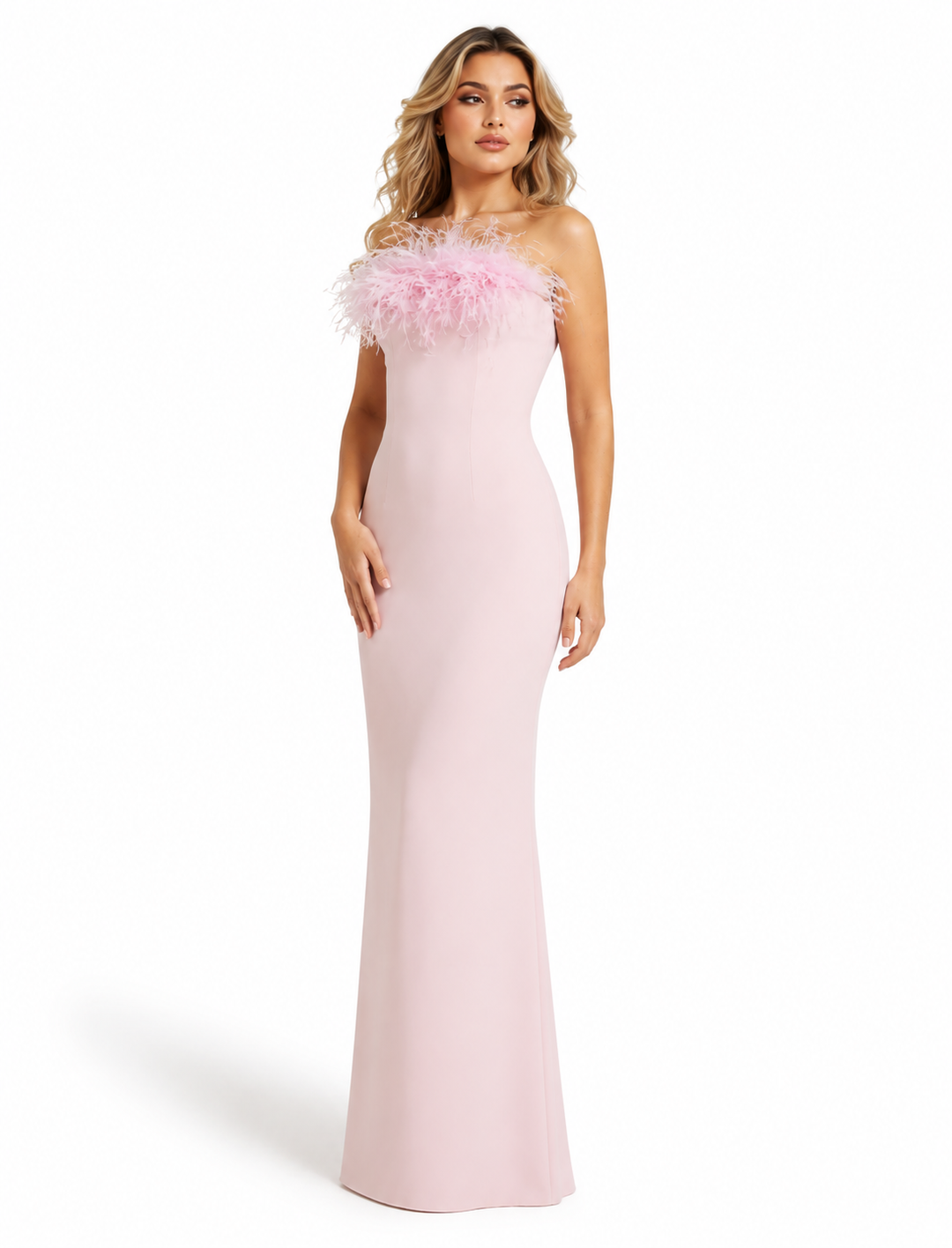 Blush Feather Trim Strapless Evening Gown - Feather