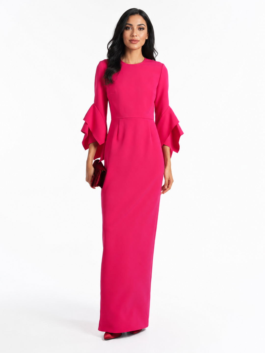 Ruffled-Sleeve Column Gown - Fuchsia