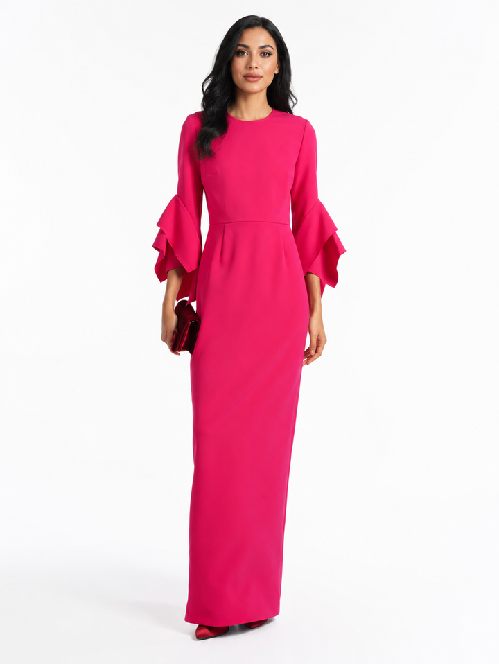 Ruffled-Sleeve Column Gown - Fuchsia