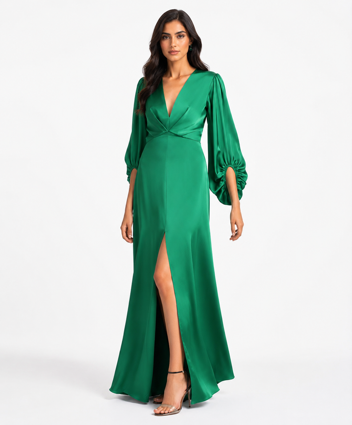 Ruched Sleeve Satin Gown - Emerald