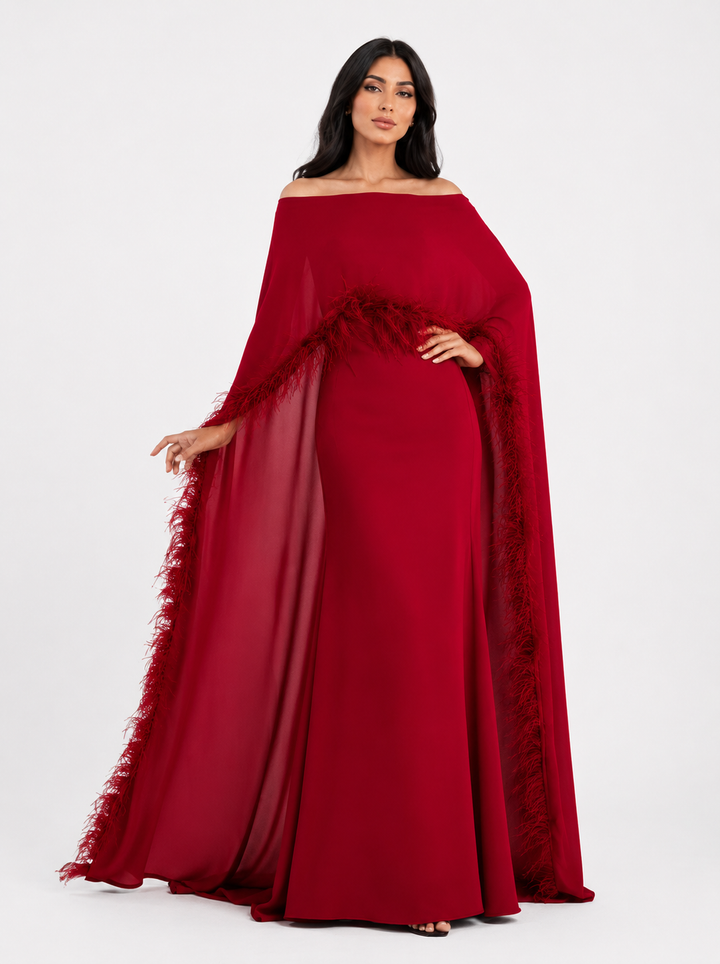 Feather-Trimmed Cape Gown - Crimson
