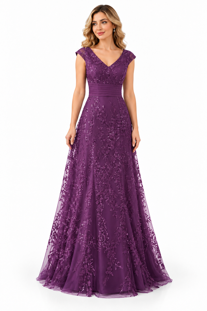 Embellished V-Neck Lace Evening Gown - Etherea