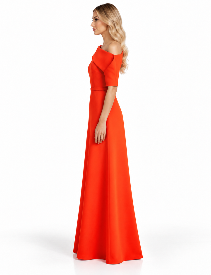Vibrant Orange Asymmetric Off-Shoulder Maxi Dress - Aurora