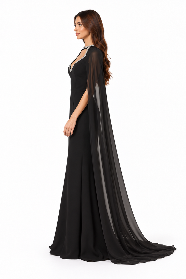 Crystal Neckline Cape Sleeve Evening Gown - Majesty